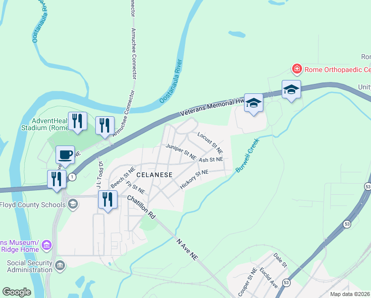 map of restaurants, bars, coffee shops, grocery stores, and more near 5 Juniper Street Northeast in Rome
