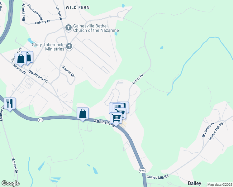 map of restaurants, bars, coffee shops, grocery stores, and more near 1000 Lenox Park Drive in Gainesville