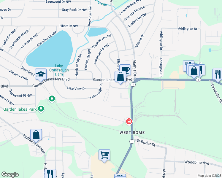 map of restaurants, bars, coffee shops, grocery stores, and more near 111 Hillside Avenue Northwest in Rome
