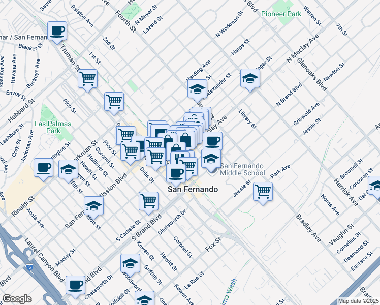 map of restaurants, bars, coffee shops, grocery stores, and more near 117 North Macneil Street in San Fernando