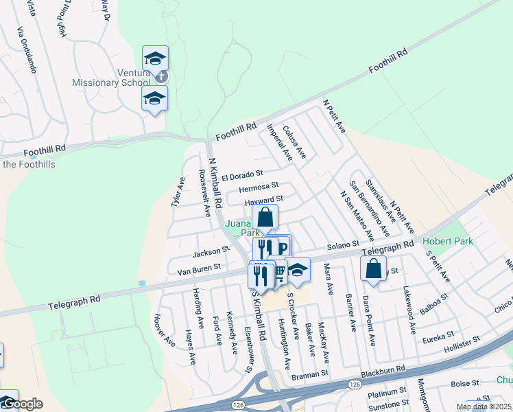 map of restaurants, bars, coffee shops, grocery stores, and more near 7825 Loma Vista Road in Ventura