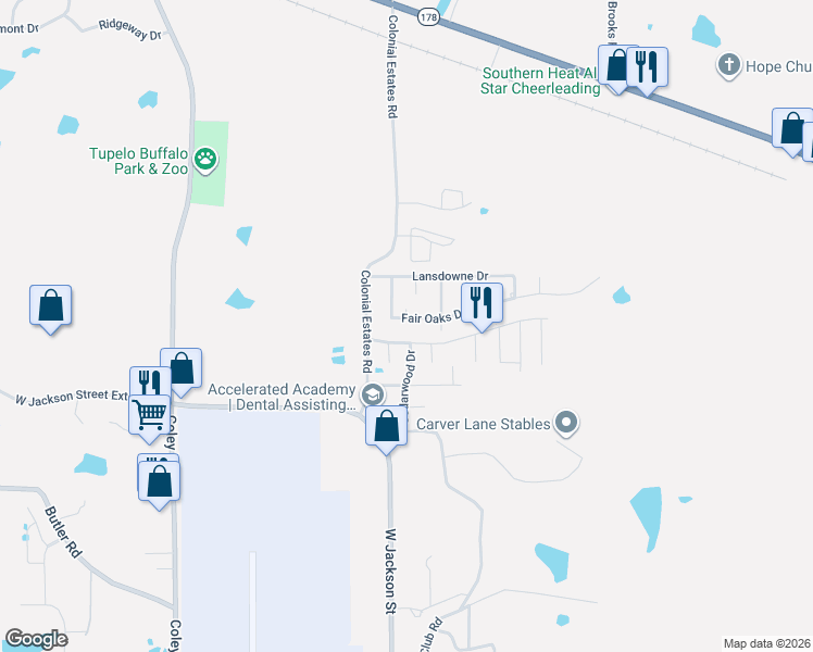 map of restaurants, bars, coffee shops, grocery stores, and more near 1738 Forest Hill Cove in Tupelo