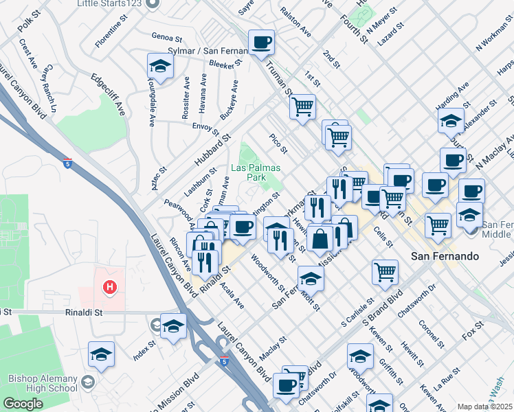 map of restaurants, bars, coffee shops, grocery stores, and more near 1431 Griffith Street in San Fernando