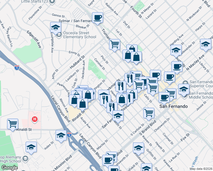 map of restaurants, bars, coffee shops, grocery stores, and more near 1402 Hewitt Street in San Fernando