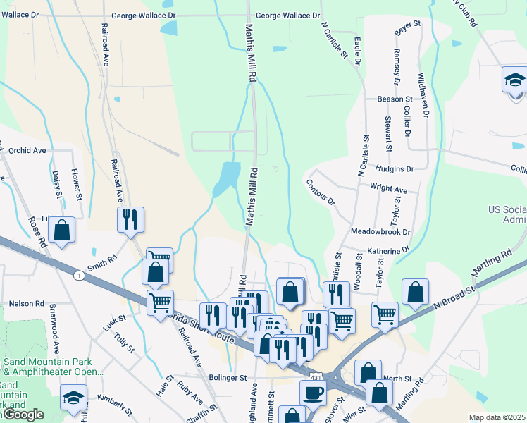 map of restaurants, bars, coffee shops, grocery stores, and more near 623 Mathis Mill Road in Albertville