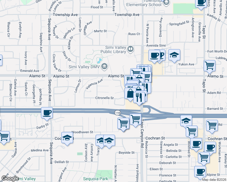 map of restaurants, bars, coffee shops, grocery stores, and more near 3821 Sierra Madre Court in Simi Valley