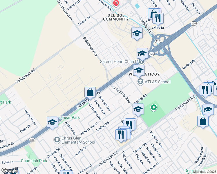 map of restaurants, bars, coffee shops, grocery stores, and more near Henderson Road & Boston Avenue in Ventura