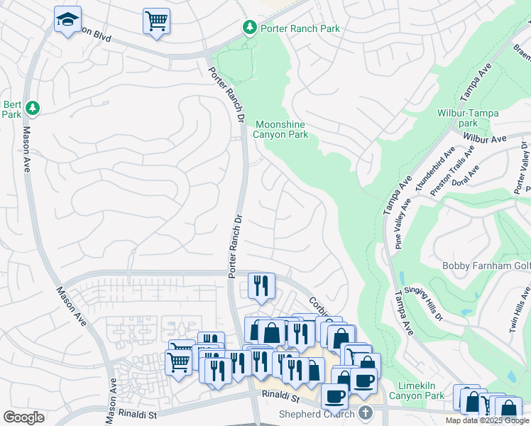 map of restaurants, bars, coffee shops, grocery stores, and more near 19912 Bear Valley Lane in Los Angeles