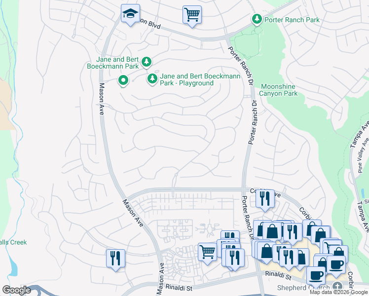 map of restaurants, bars, coffee shops, grocery stores, and more near 20265 West Windsor Lane in Los Angeles