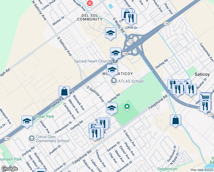 map of restaurants, bars, coffee shops, grocery stores, and more near 741 Jazmin Avenue in Ventura