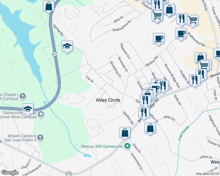map of restaurants, bars, coffee shops, grocery stores, and more near 2352 Ridgeway Drive in Gainesville
