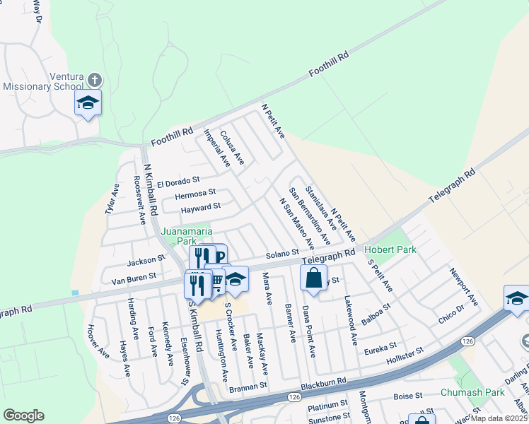 map of restaurants, bars, coffee shops, grocery stores, and more near 140 Imperial Avenue in Ventura