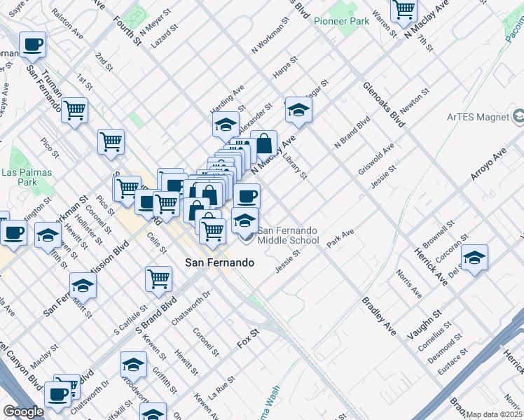 map of restaurants, bars, coffee shops, grocery stores, and more near 900 3rd Street in San Fernando