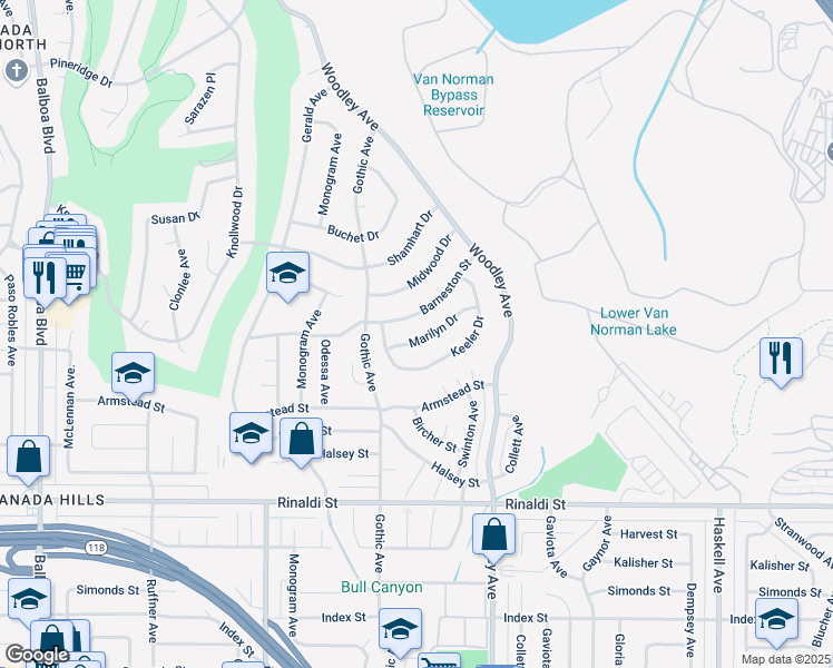 map of restaurants, bars, coffee shops, grocery stores, and more near 16348 Marilyn Drive in Los Angeles