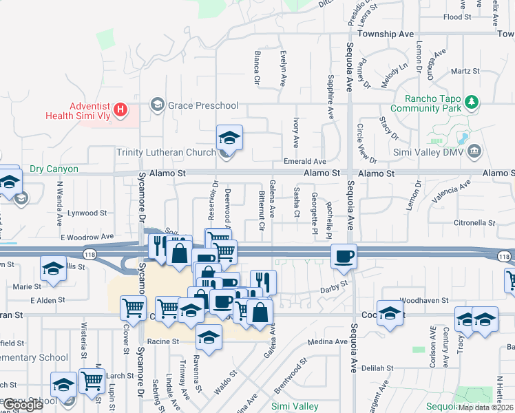 map of restaurants, bars, coffee shops, grocery stores, and more near 2669 Nutmeg Circle in Simi Valley