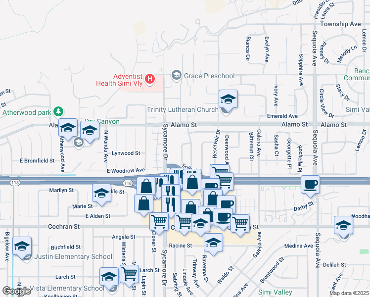 map of restaurants, bars, coffee shops, grocery stores, and more near 2686 Cimmaron Avenue in Simi Valley
