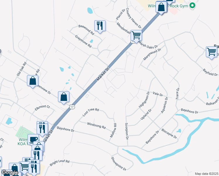 map of restaurants, bars, coffee shops, grocery stores, and more near 145 Amaryllis Drive in Wilmington