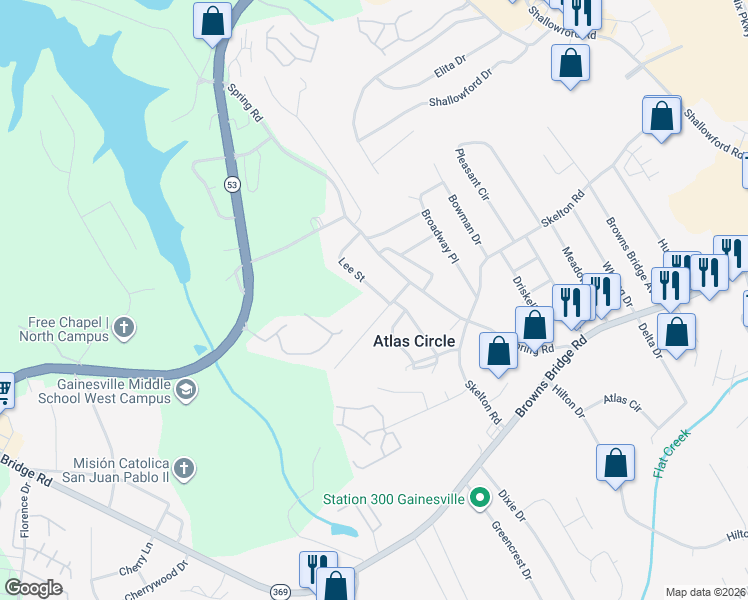 map of restaurants, bars, coffee shops, grocery stores, and more near 2229 Lee Street in Gainesville