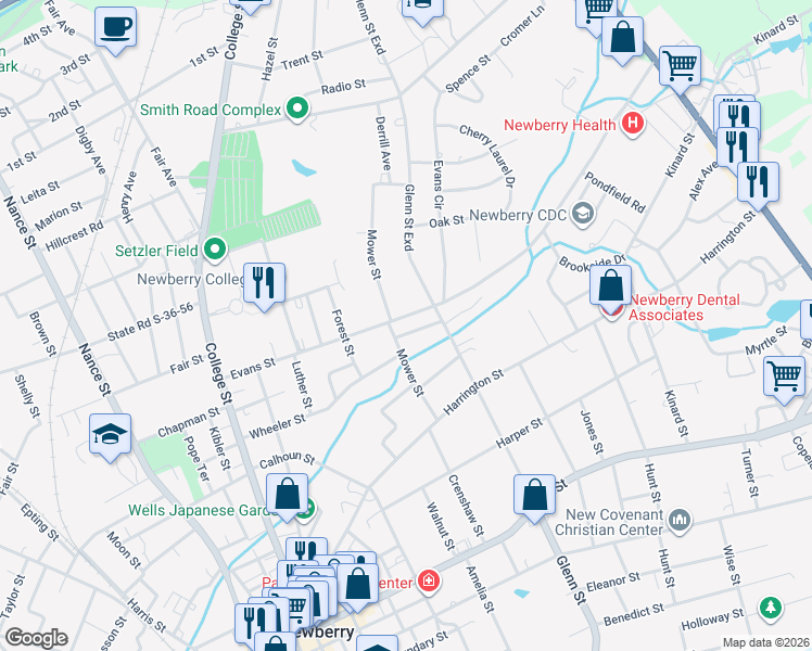 map of restaurants, bars, coffee shops, grocery stores, and more near 1514 Mower Street in Newberry