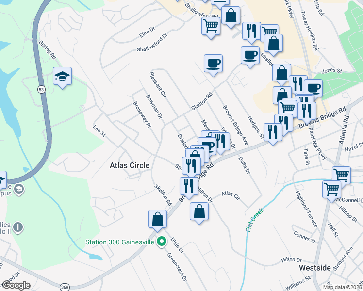 map of restaurants, bars, coffee shops, grocery stores, and more near 2042 Spring Road in Gainesville