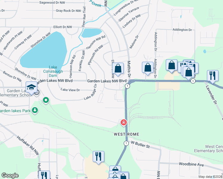 map of restaurants, bars, coffee shops, grocery stores, and more near 111 Hillside Avenue Northwest in Rome
