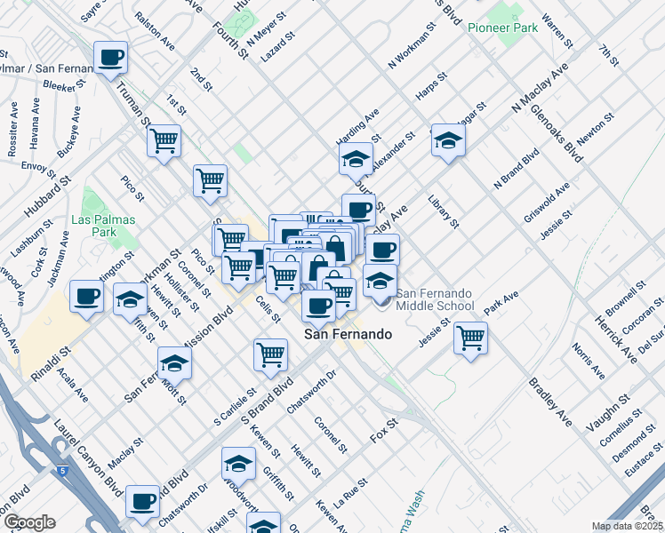 map of restaurants, bars, coffee shops, grocery stores, and more near 100 North Maclay Avenue in San Fernando