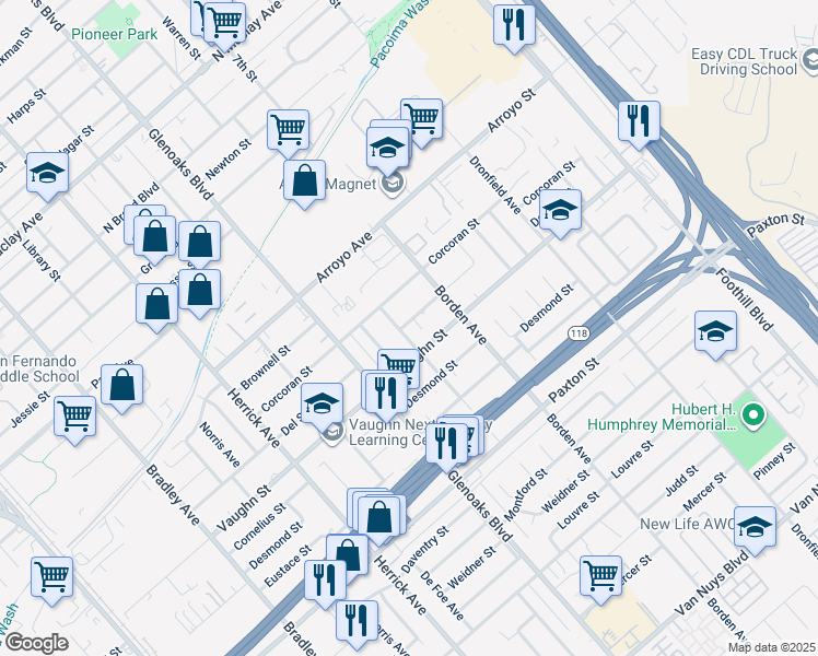 map of restaurants, bars, coffee shops, grocery stores, and more near 11826 Fellows Avenue in San Fernando