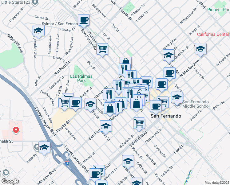map of restaurants, bars, coffee shops, grocery stores, and more near 1314 Pico Street in San Fernando