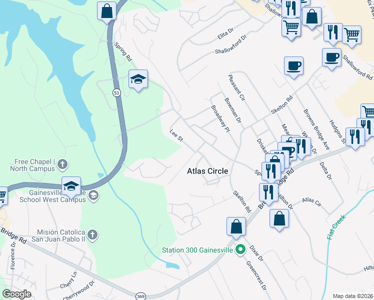 map of restaurants, bars, coffee shops, grocery stores, and more near 2229 Lee St in Gainesville