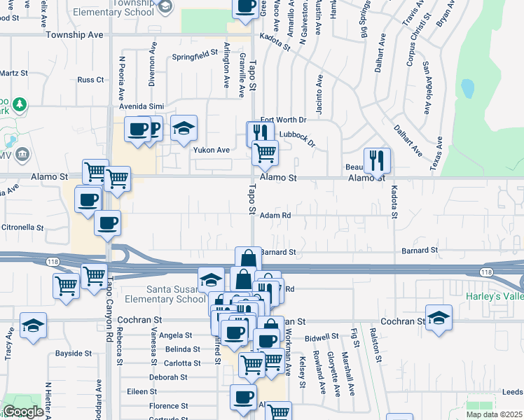 map of restaurants, bars, coffee shops, grocery stores, and more near 4421 Adam Road in Simi Valley