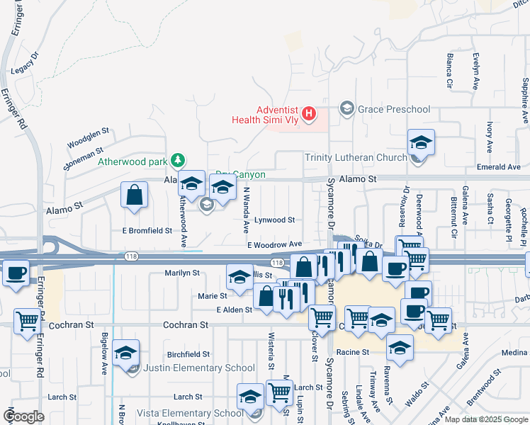 map of restaurants, bars, coffee shops, grocery stores, and more near 2718 Licia Place in Simi Valley