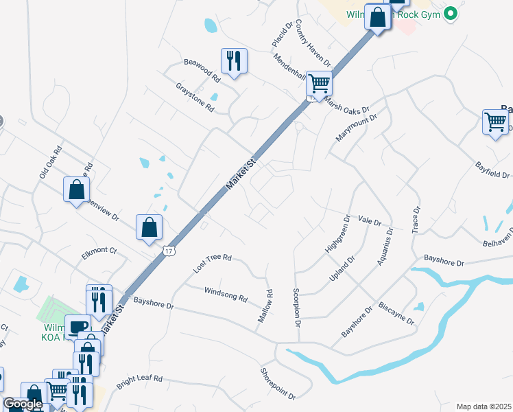 map of restaurants, bars, coffee shops, grocery stores, and more near 124 Amaryllis Drive in Wilmington