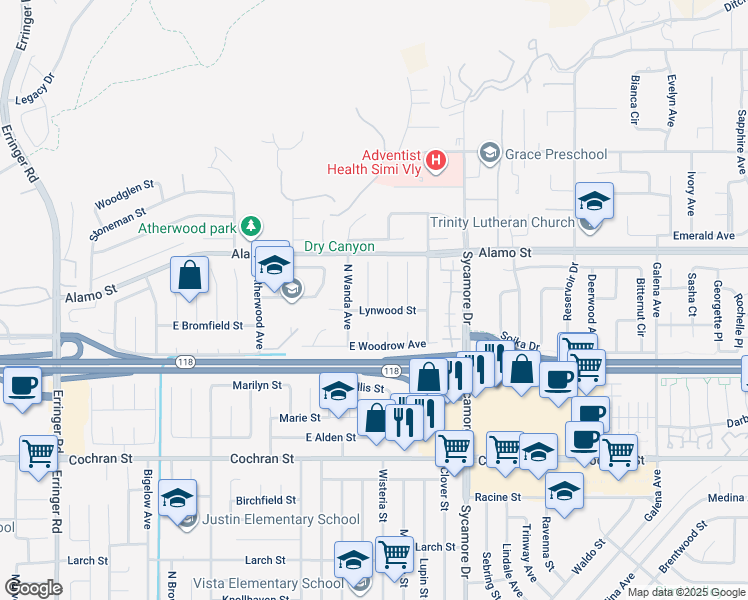map of restaurants, bars, coffee shops, grocery stores, and more near 2718 Licia Place in Simi Valley