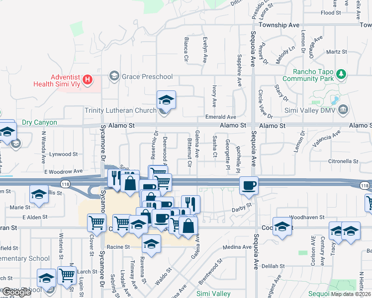 map of restaurants, bars, coffee shops, grocery stores, and more near 2669 Nutmeg Circle in Simi Valley