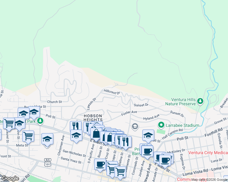 map of restaurants, bars, coffee shops, grocery stores, and more near 1859 Hillcrest Drive in Ventura