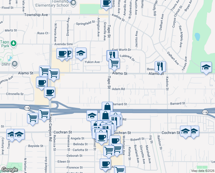 map of restaurants, bars, coffee shops, grocery stores, and more near 4418 Adam Road in Simi Valley