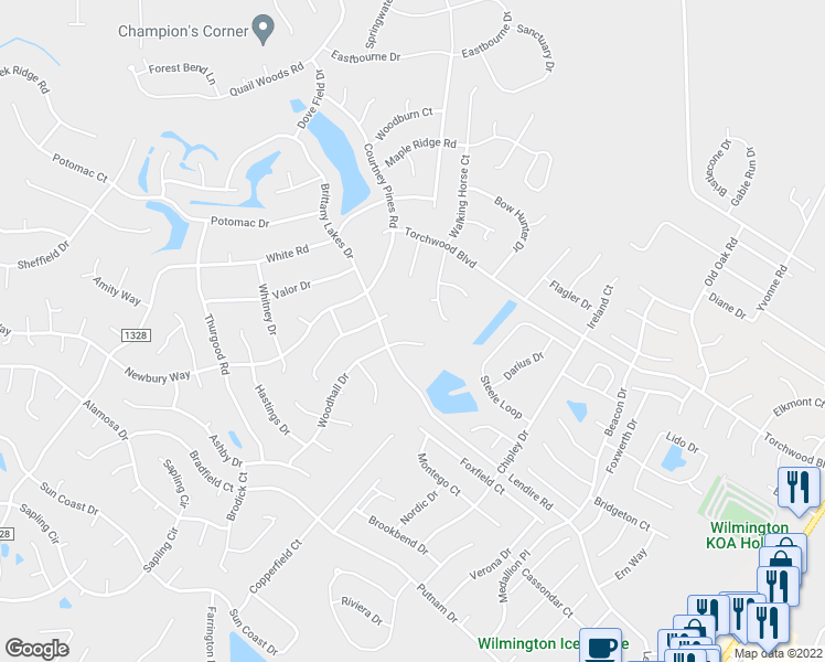 map of restaurants, bars, coffee shops, grocery stores, and more near 7313 Woodhall Drive in Wilmington