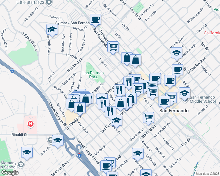 map of restaurants, bars, coffee shops, grocery stores, and more near 1402 Hollister Street in San Fernando