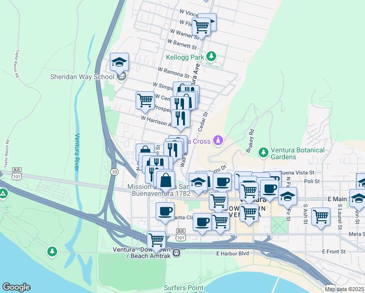 map of restaurants, bars, coffee shops, grocery stores, and more near 300 North Ventura Avenue in Ventura