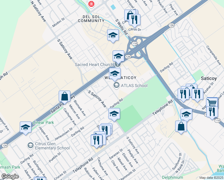 map of restaurants, bars, coffee shops, grocery stores, and more near 760 Jazmin Avenue in Ventura