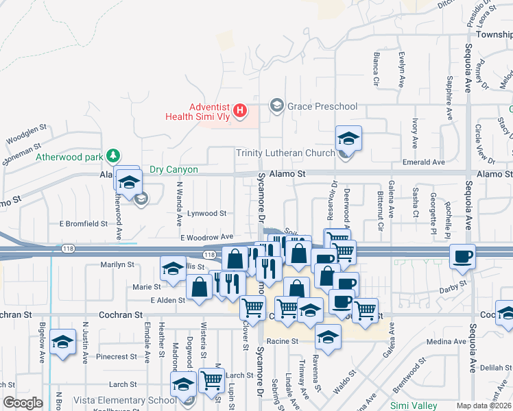 map of restaurants, bars, coffee shops, grocery stores, and more near 2686 Night Jasmine Drive in Simi Valley