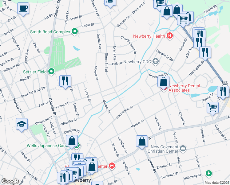 map of restaurants, bars, coffee shops, grocery stores, and more near 1502 Glenn Street in Newberry