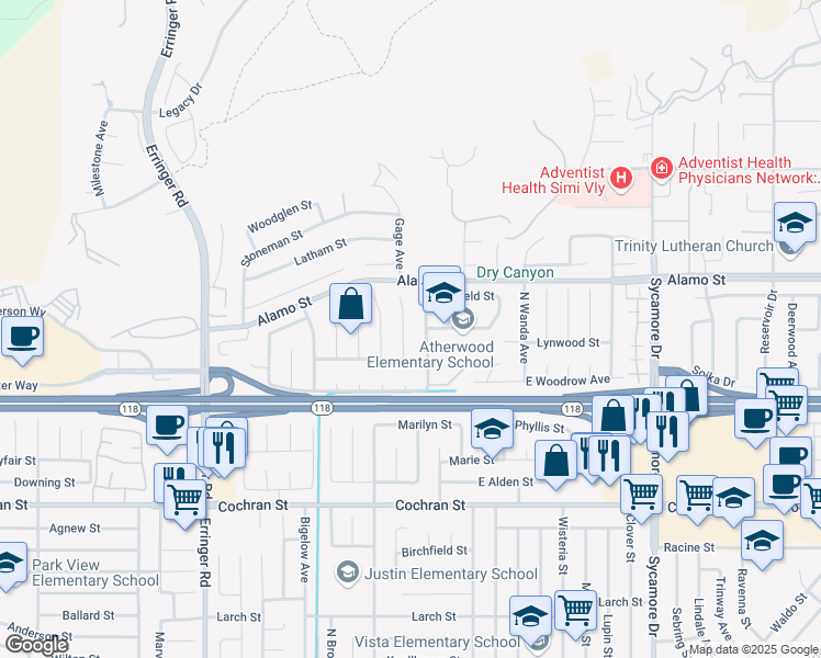 map of restaurants, bars, coffee shops, grocery stores, and more near 2738 North Highgate Place in Simi Valley