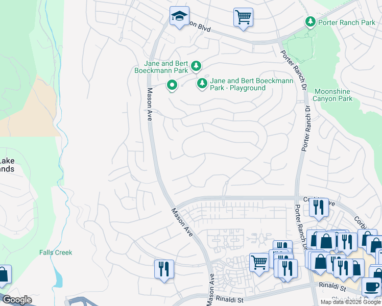 map of restaurants, bars, coffee shops, grocery stores, and more near 20431 Windsor Lane in Los Angeles