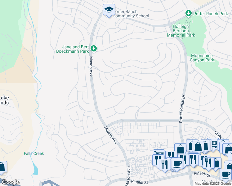 map of restaurants, bars, coffee shops, grocery stores, and more near 20431 Windsor Lane in Los Angeles