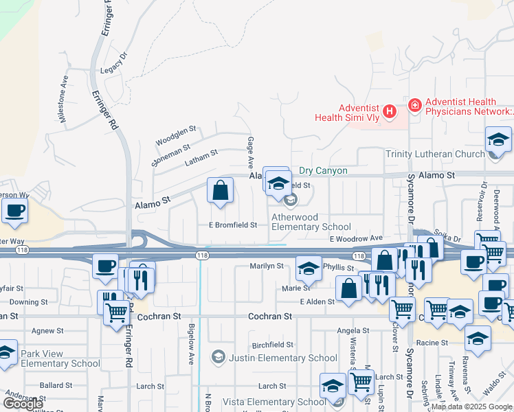 map of restaurants, bars, coffee shops, grocery stores, and more near 2738 North Highgate Place in Simi Valley