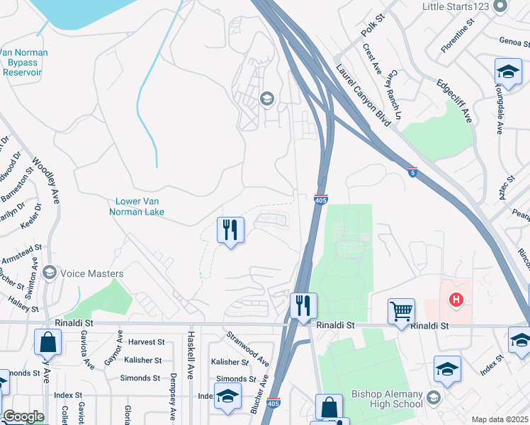 map of restaurants, bars, coffee shops, grocery stores, and more near 15637 Odyssey Drive in Los Angeles