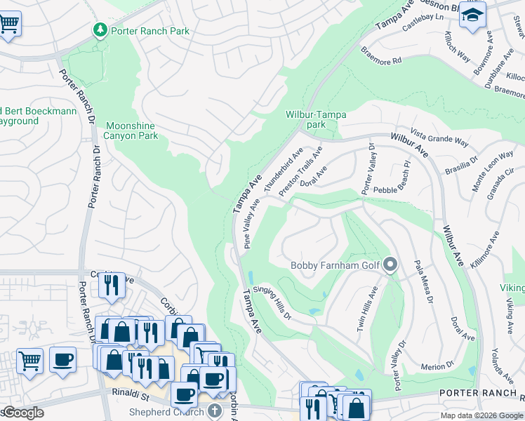 map of restaurants, bars, coffee shops, grocery stores, and more near 19616 Pine Valley Avenue in Los Angeles