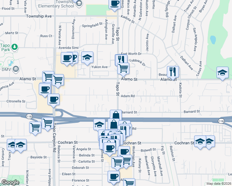 map of restaurants, bars, coffee shops, grocery stores, and more near 4418 Adam Road in Simi Valley