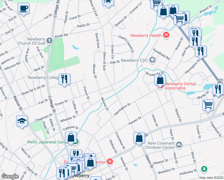 map of restaurants, bars, coffee shops, grocery stores, and more near 1502 Glenn Street in Newberry